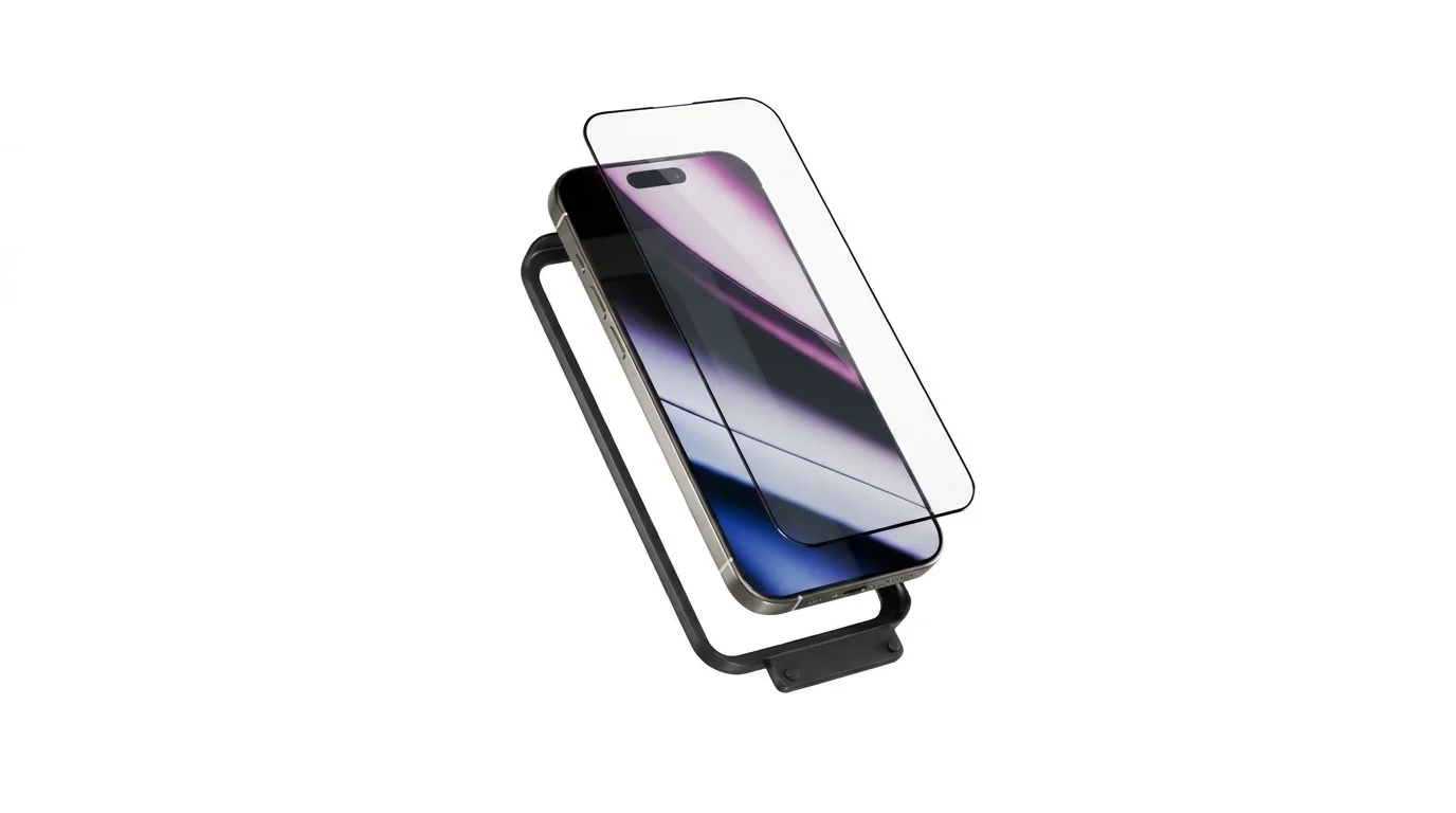 Ochranné sklo Epico 3D Glass a černý aplikační rámeček připravené k instalaci na displej telefonu iPhone.