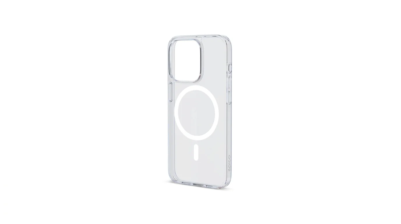 Průhledný kryt Epico Mag+ Hero pro iPhone 15 Pro Max s bílým magnetickým prstencem pro MagSafe.