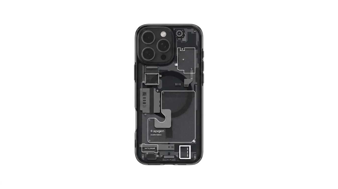 Zadní strana krytu Spigen Ultra Hybrid MagSafe Zero One pro iPhone 16 Pro s grafikou vnitřních součástek.