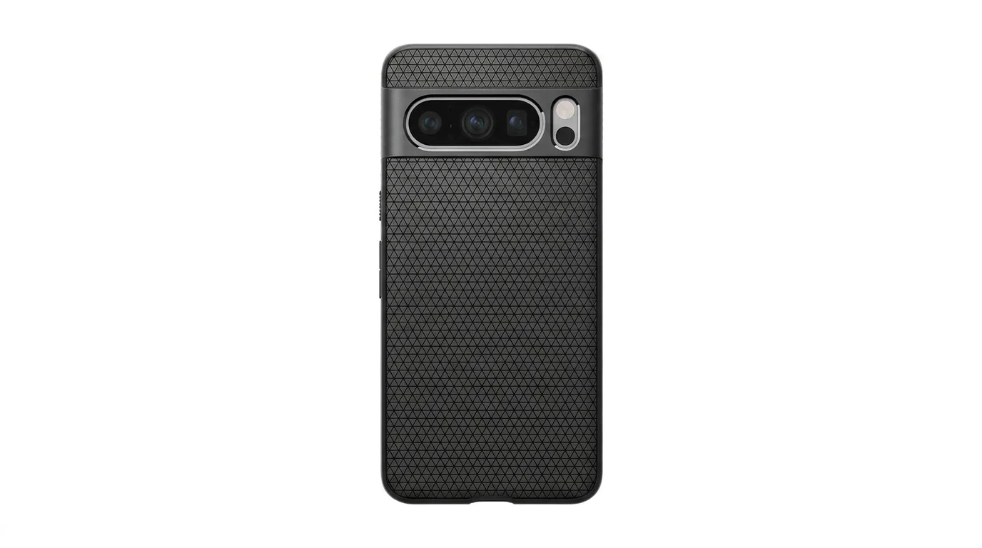 Černý kryt Spigen Liquid Air s jemnou geometrickou texturou na zadní straně telefonu Google Pixel 8 Pro.