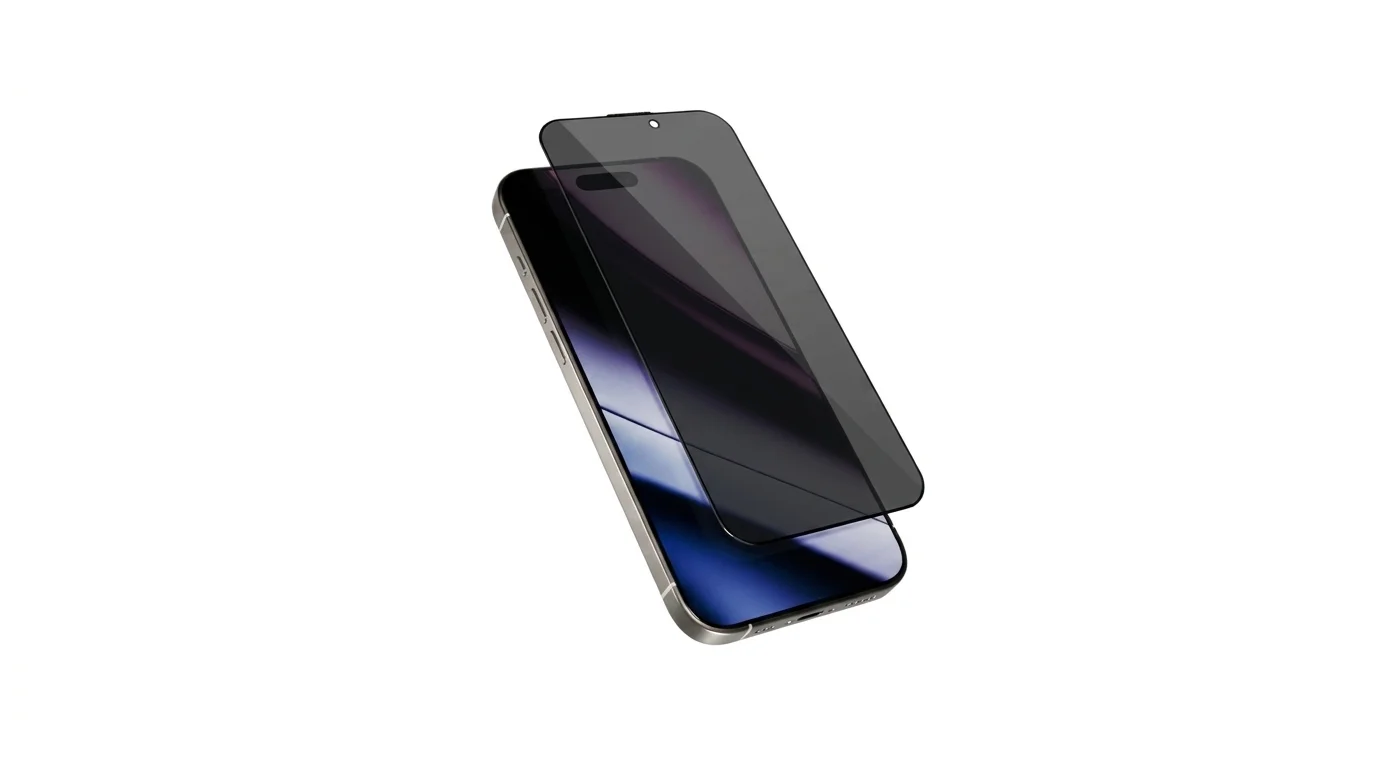 Ochranné sklo Epico Privacy 3D glass s filtrem soukromí nad displejem telefonu iPhone 16 Pro.
