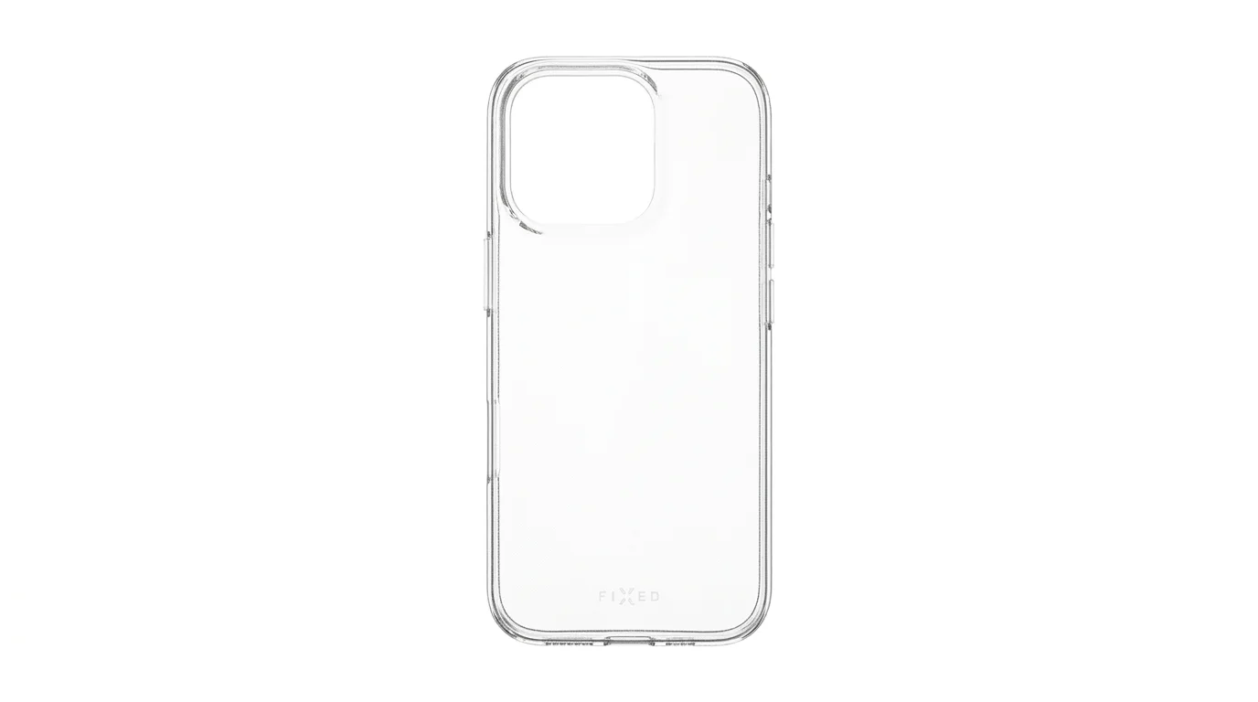 Průhledný zadní kryt FIXED TPU pro iPhone 16 Pro s výřezem pro fotoaparát a logem značky.
