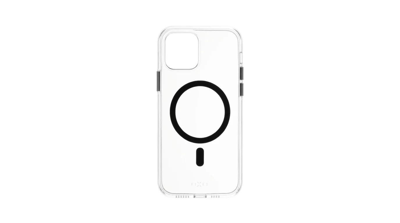 Průhledný kryt FIXED MagPurity pro iPhone 15 Pro Max s černým magnetickým kroužkem MagSafe a černými krytkami tlačítek.
