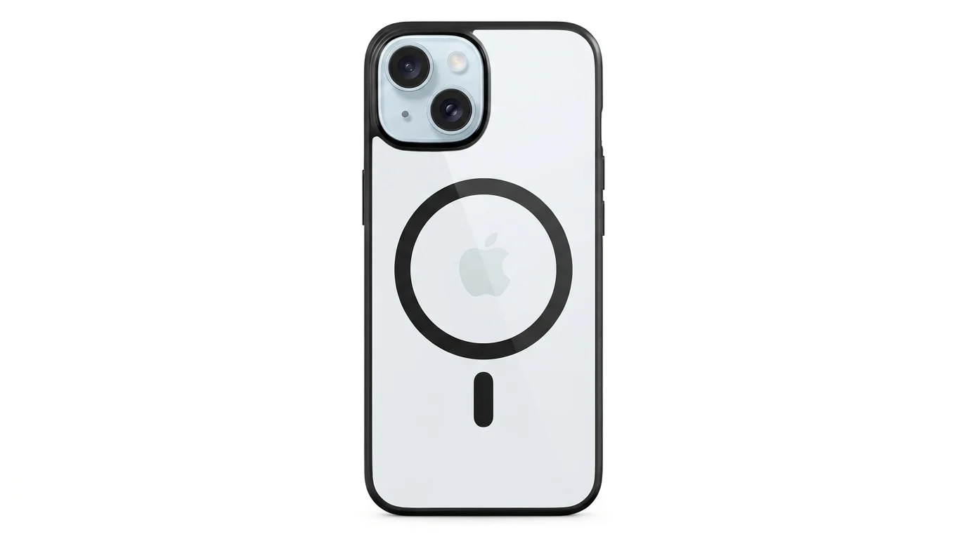 Průhledný kryt Epico Hero Pro Mag+ s černým rámečkem a integrovaným MagSafe kroužkem nasazený na telefonu iPhone 16.