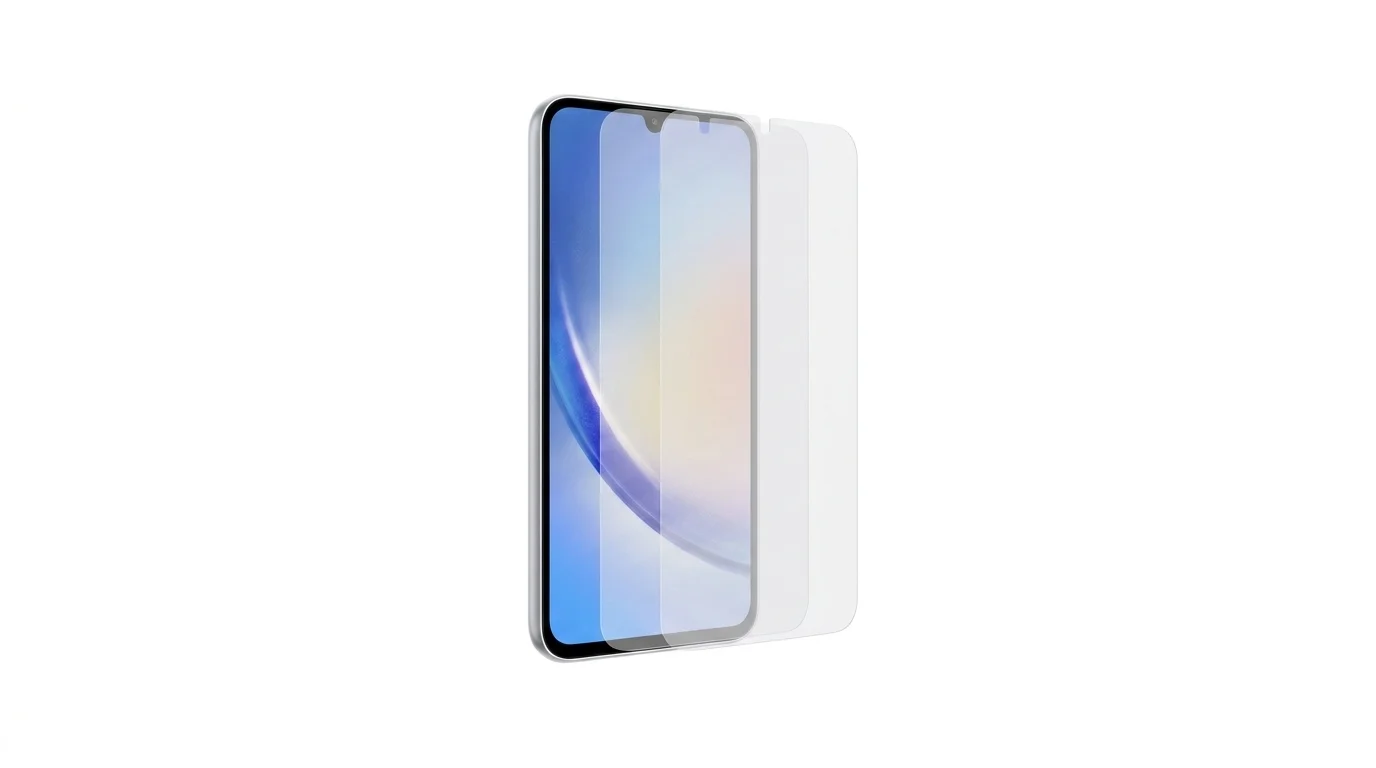 Telefon Samsung Galaxy A34 se dvěma vrstvami průhledné ochranné fólie nad displejem.