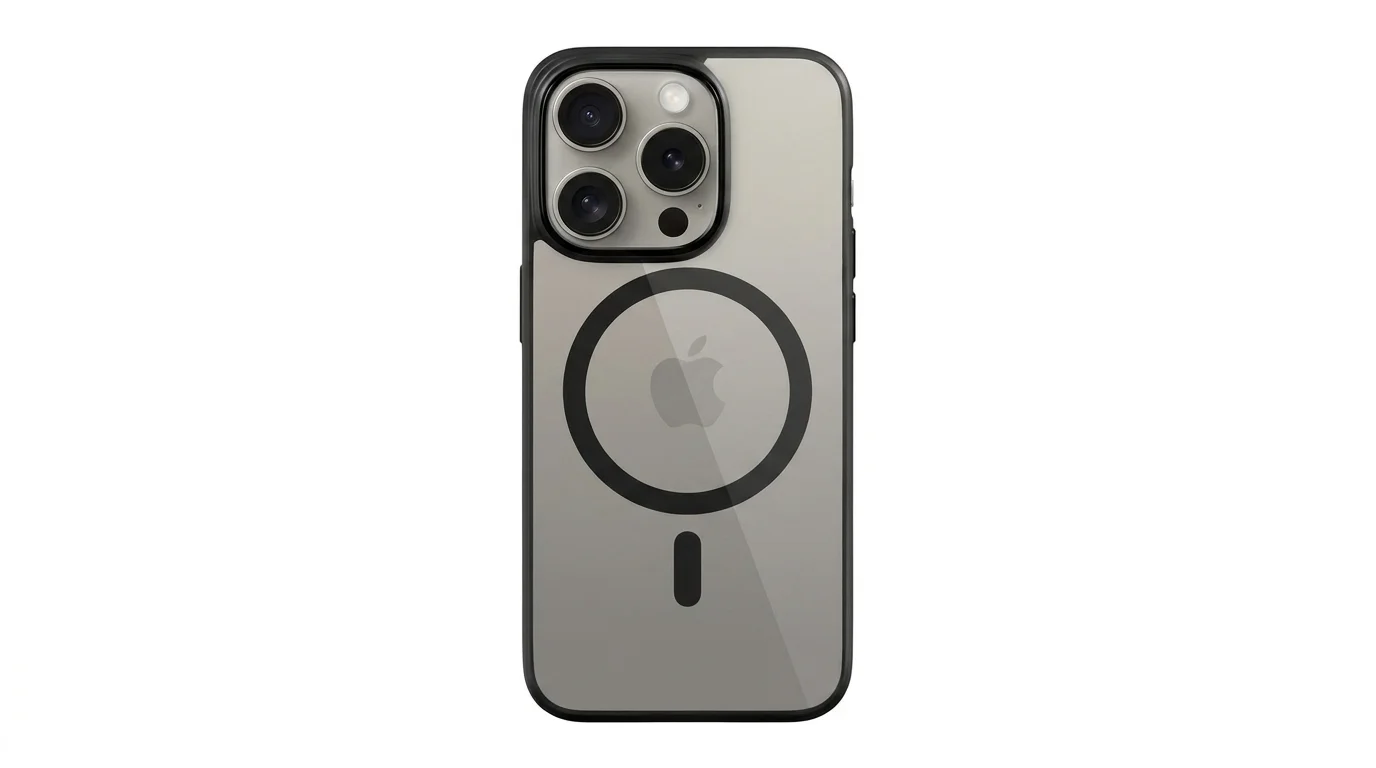 Průhledný kryt Epico Mag+ HeroPro s černým rámečkem a magnetickým kroužkem MagSafe na telefonu iPhone 16 Pro.