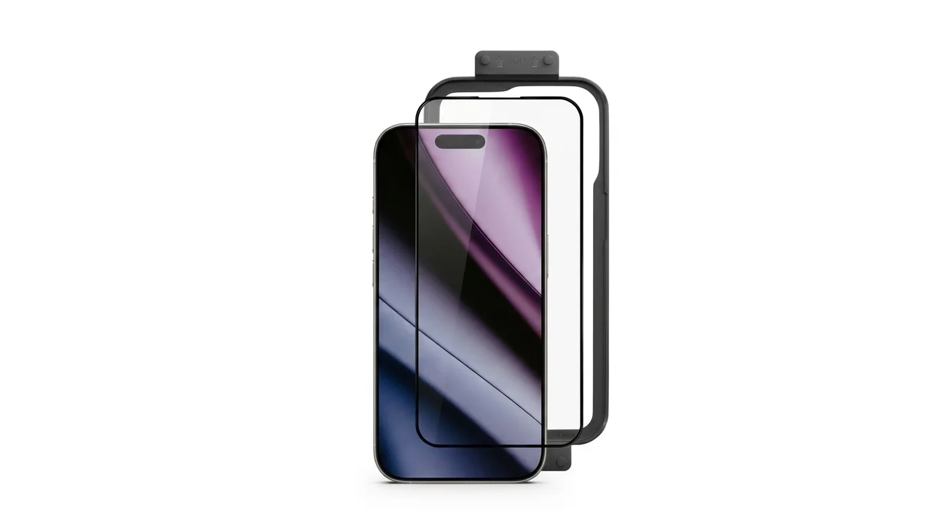 Ochranné sklo a černý instalační rámeček připravené k aplikaci na displej telefonu iPhone.