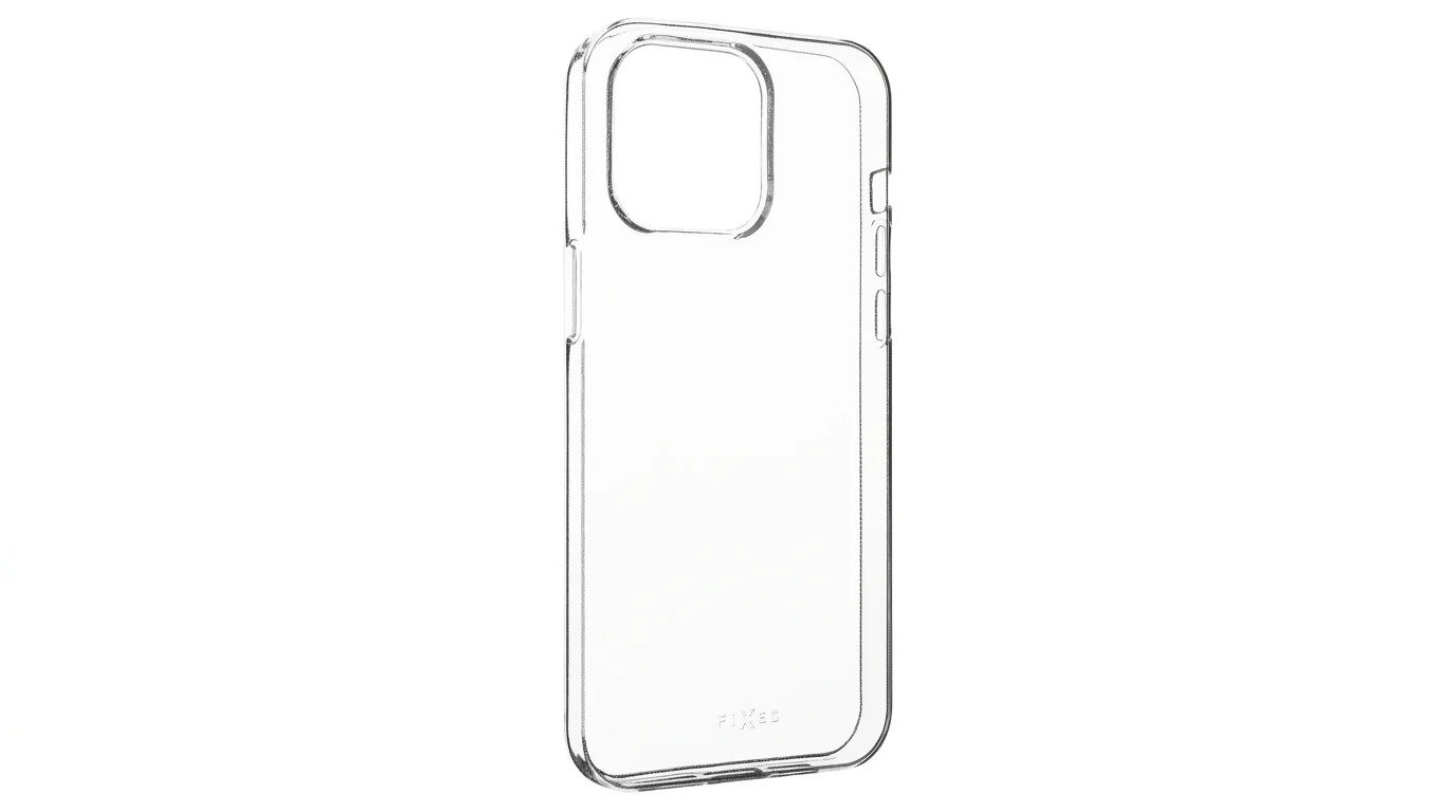Plně transparentní kryt FIXED AntiUV TPU pro iPhone 15 Pro Max s výřezem pro fotoaparát a boční tlačítka.