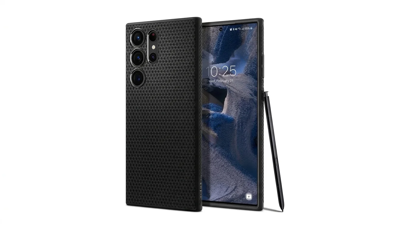 Černý kryt Spigen Liquid Air nasazený na telefonu Samsung Galaxy S23 Ultra z přední i zadní strany a stylus S Pen.