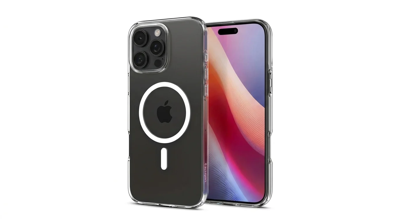 Přední a zadní pohled na telefon iPhone 16 Pro v čirém krytu Spigen Liquid Crystal s kroužkem MagSafe.