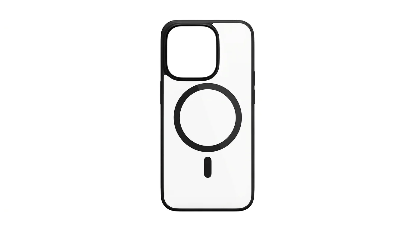 Čirý zadní kryt Epico Hero MagSafe pro iPhone 14 Pro s černým rámečkem a magnetickým kroužkem.