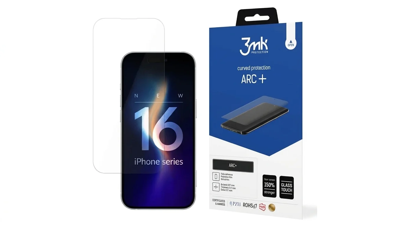 Ochranná fólie 3mk ARC+ vedle smartphonu iPhone 16 Pro Max a originálního balení.
