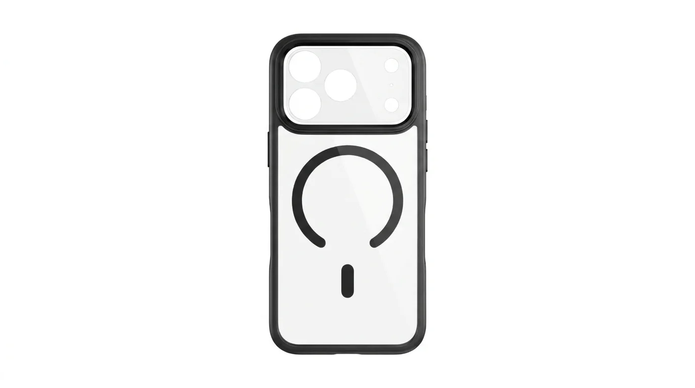 Průhledný kryt Epico Hero Pro Mag+ pro iPhone 16 Pro Max s černým ochranným rámečkem a magnetickým prstencem pro MagSafe.