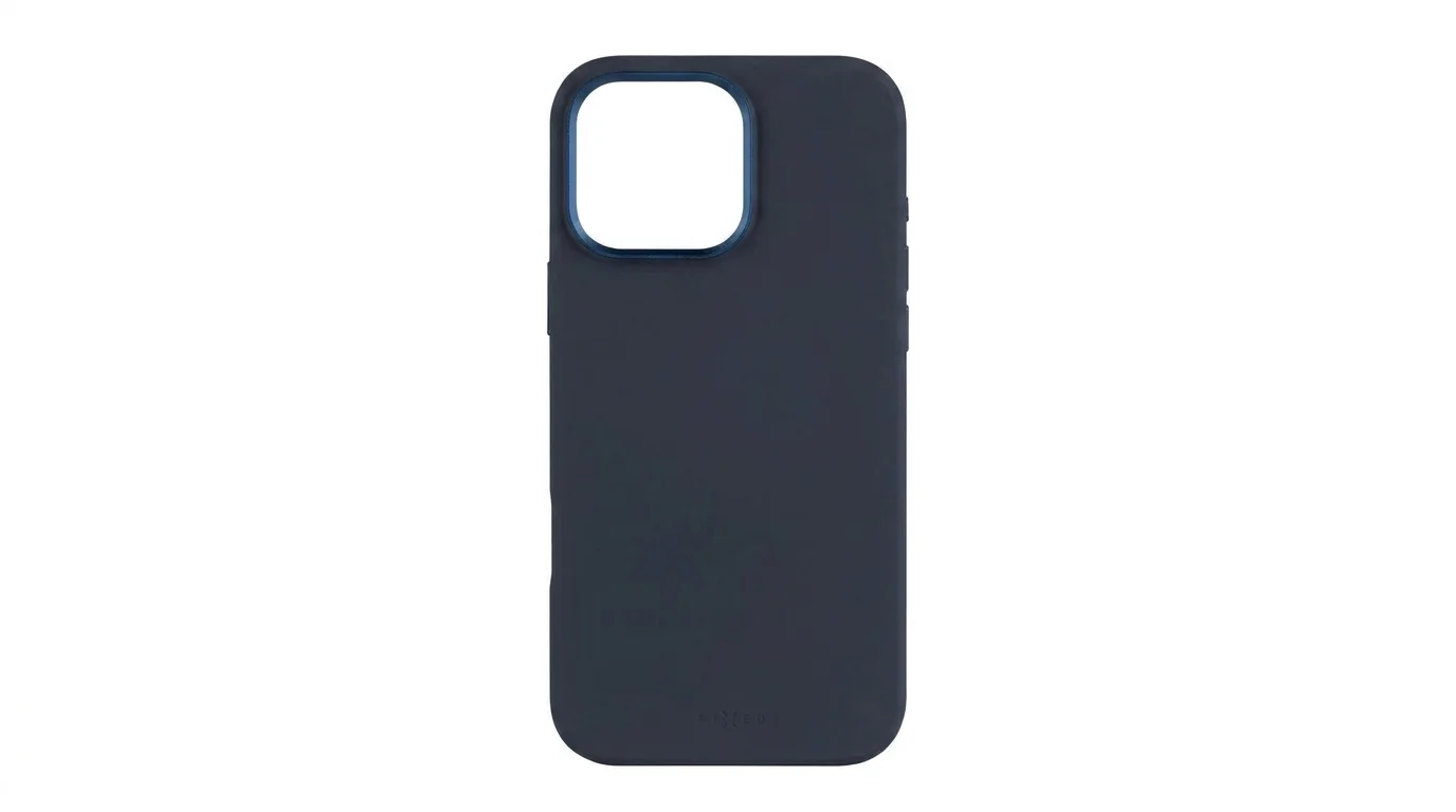 Zadní strana tmavě modrého silikonového krytu FIXED MagFlow pro iPhone 16 Pro Max s výřezem pro fotoaparát.
