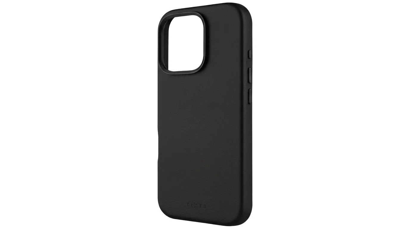 Černý kožený zadní kryt FIXED MagLeather pro iPhone 16 Pro s výřezem pro fotoaparát a bočními tlačítky.