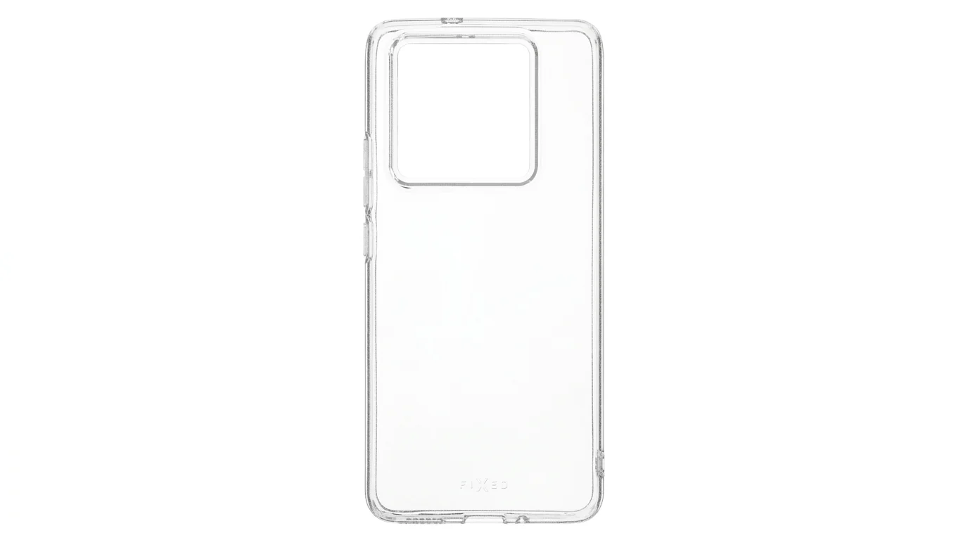 Průhledný zadní kryt FIXED Story pro Xiaomi 14T Pro s velkým čtvercovým výřezem pro fotoaparát a logem FIXED v dolní části.