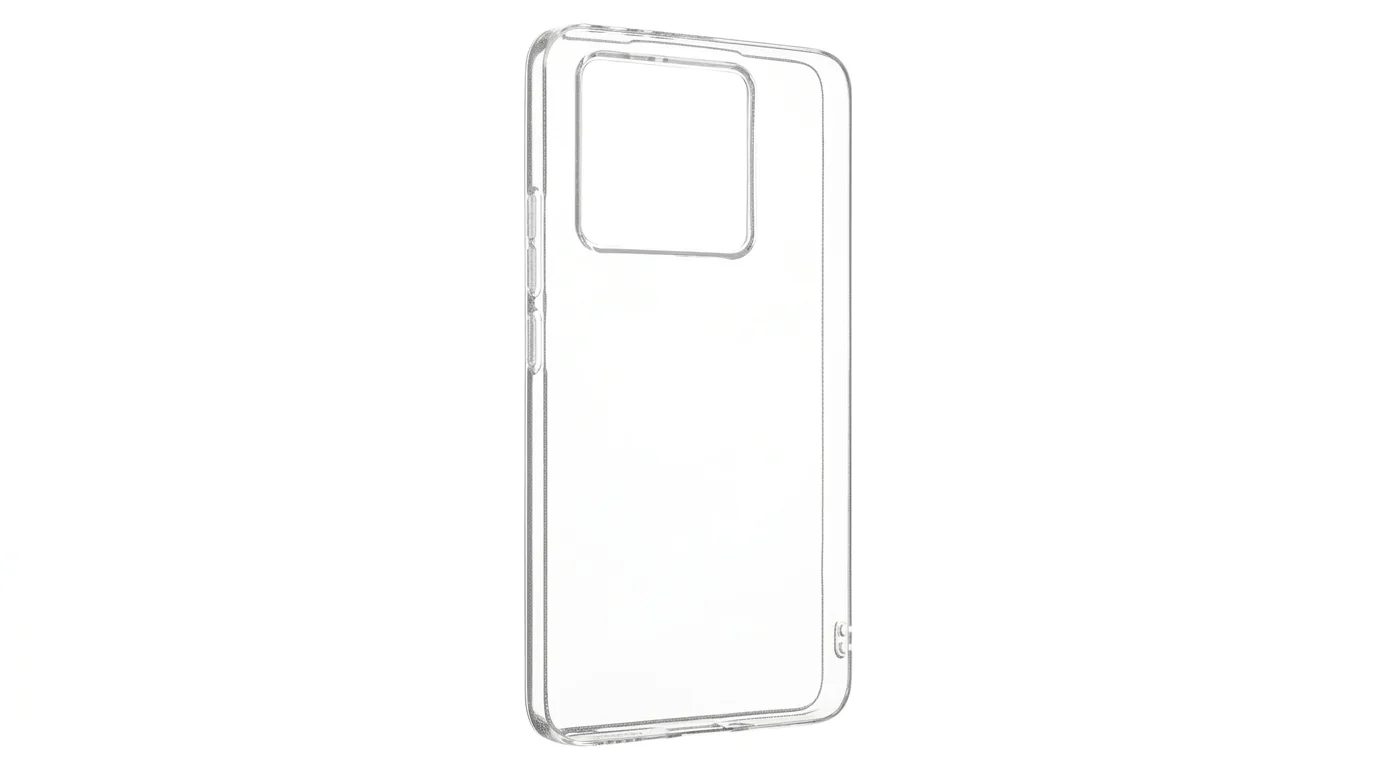 Čiré průhledné pouzdro FIXED Story pro Xiaomi 14T s velkým výřezem na fotoaparát zobrazené z profilu.
