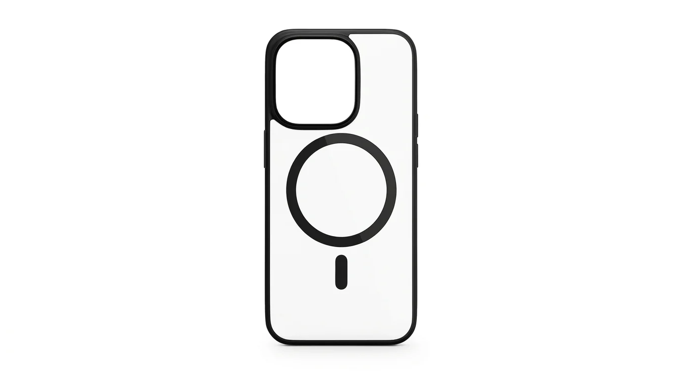 Průhledný kryt na mobil Epico Hero MagSafe pro iPhone 14 Plus s černým rámečkem a integrovaným magnetickým kroužkem.