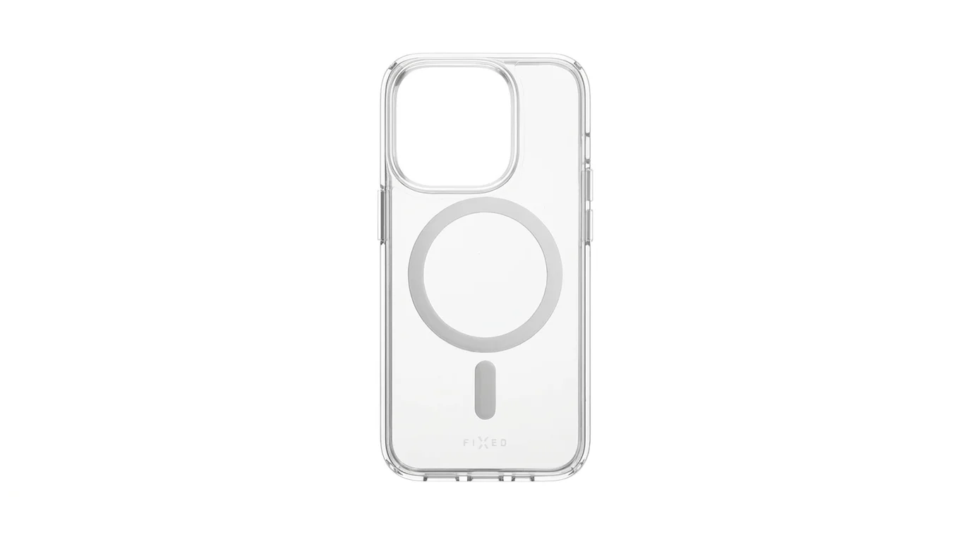 Průhledný kryt FIXED MagPure pro iPhone 14 Pro s integrovaným magnetickým kruhem MagSafe a výřezem pro fotoaparát.