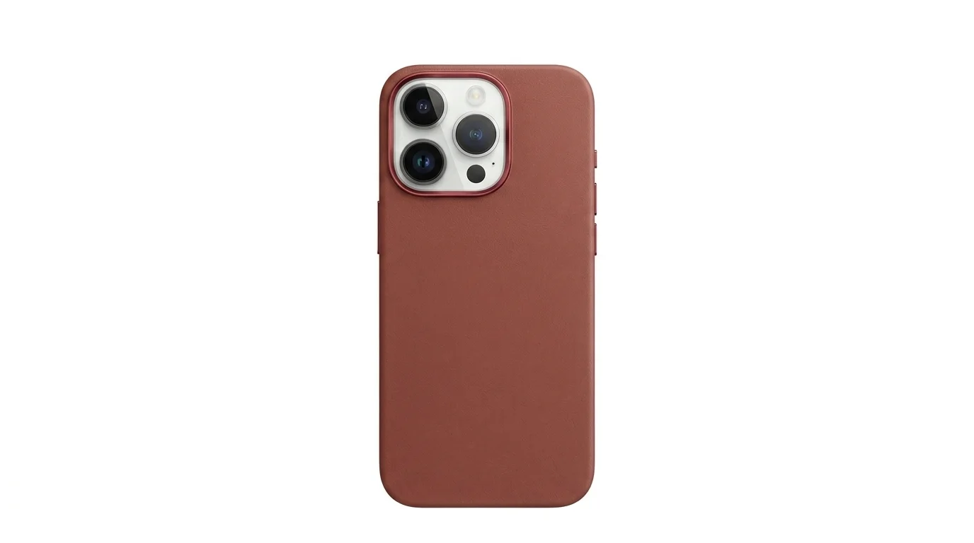 Hnědý kožený kryt Epico Mag+ Leather Case pro iPhone 16 Pro Max s ochranným rámečkem okolo fotoaparátu.
