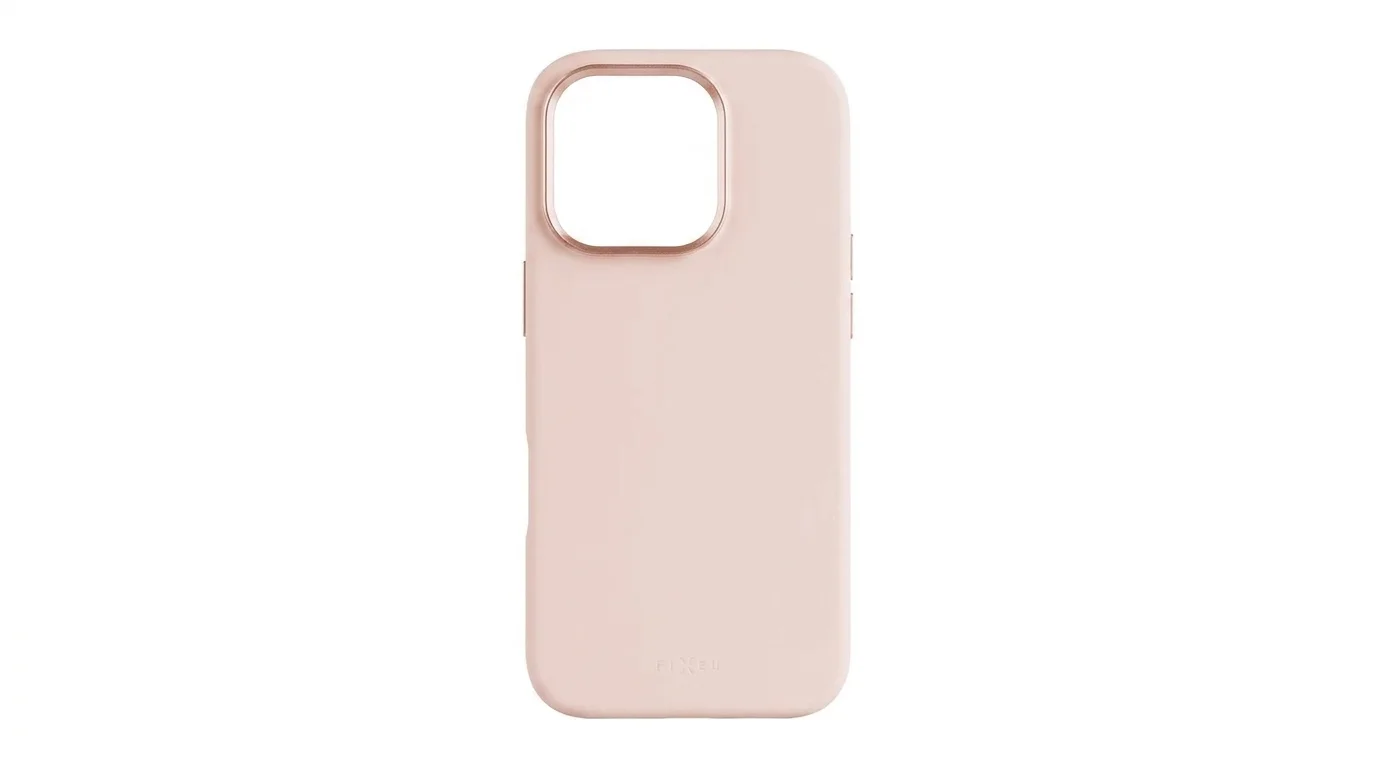 Růžový zadní kryt FIXED MagFlow pro iPhone 16 Pro s kovovým rámečkem výřezu pro fotoaparát.