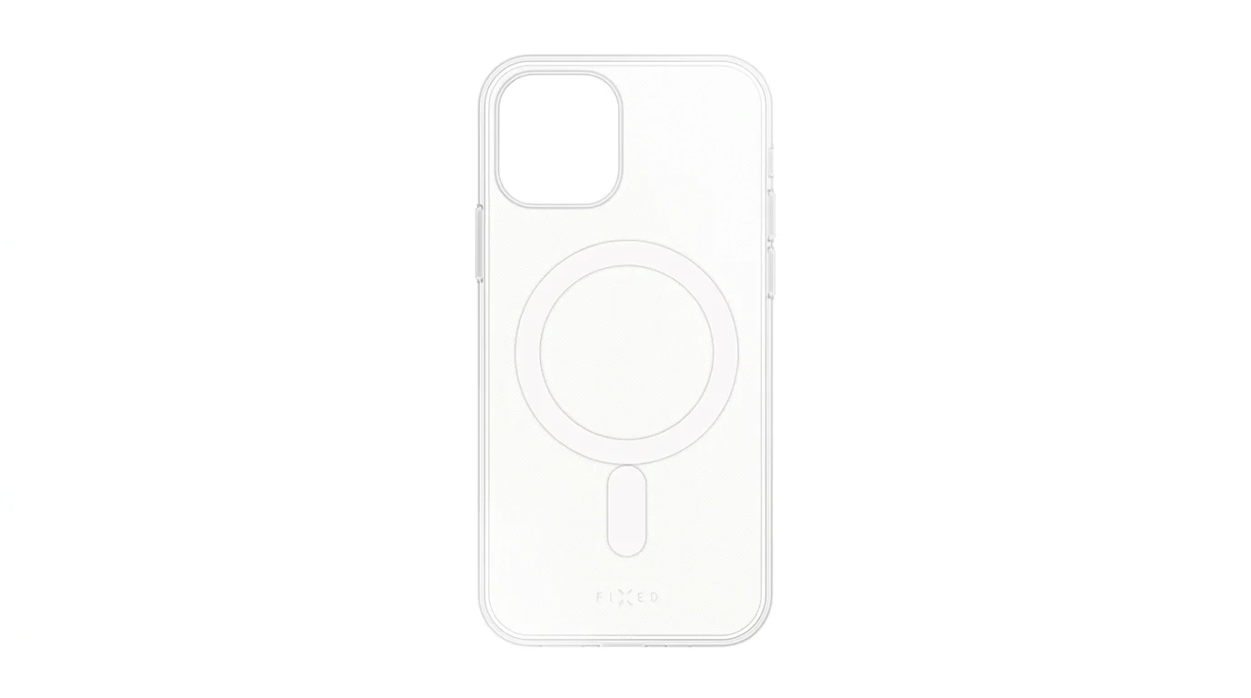 Transparentní zadní kryt FIXED MagPure pro iPhone 15 s integrovaným magnetickým kroužkem MagSafe a výřezem pro fotoaparát.