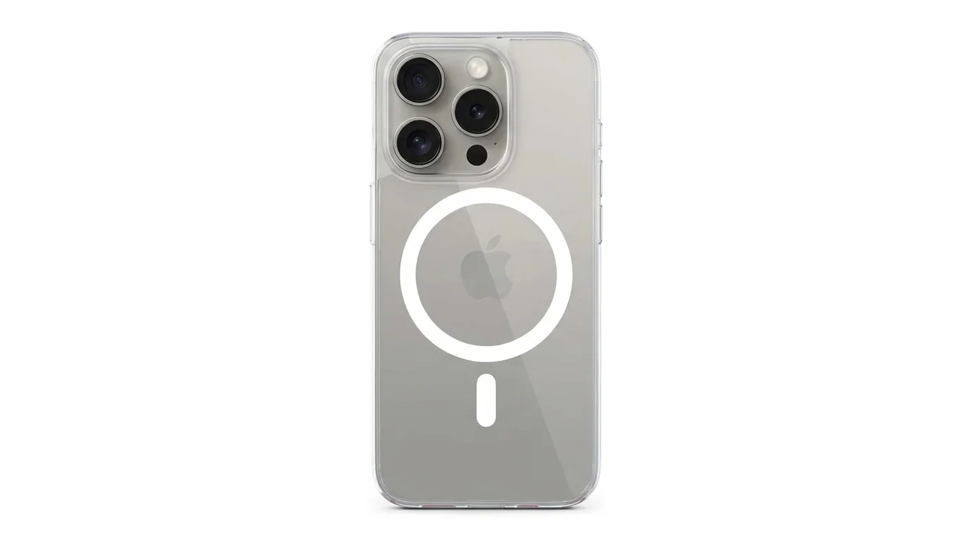 Průhledný kryt Epico Hero Mag+ s bílým magnetickým kroužkem MagSafe na zadní straně telefonu iPhone 16 Pro.