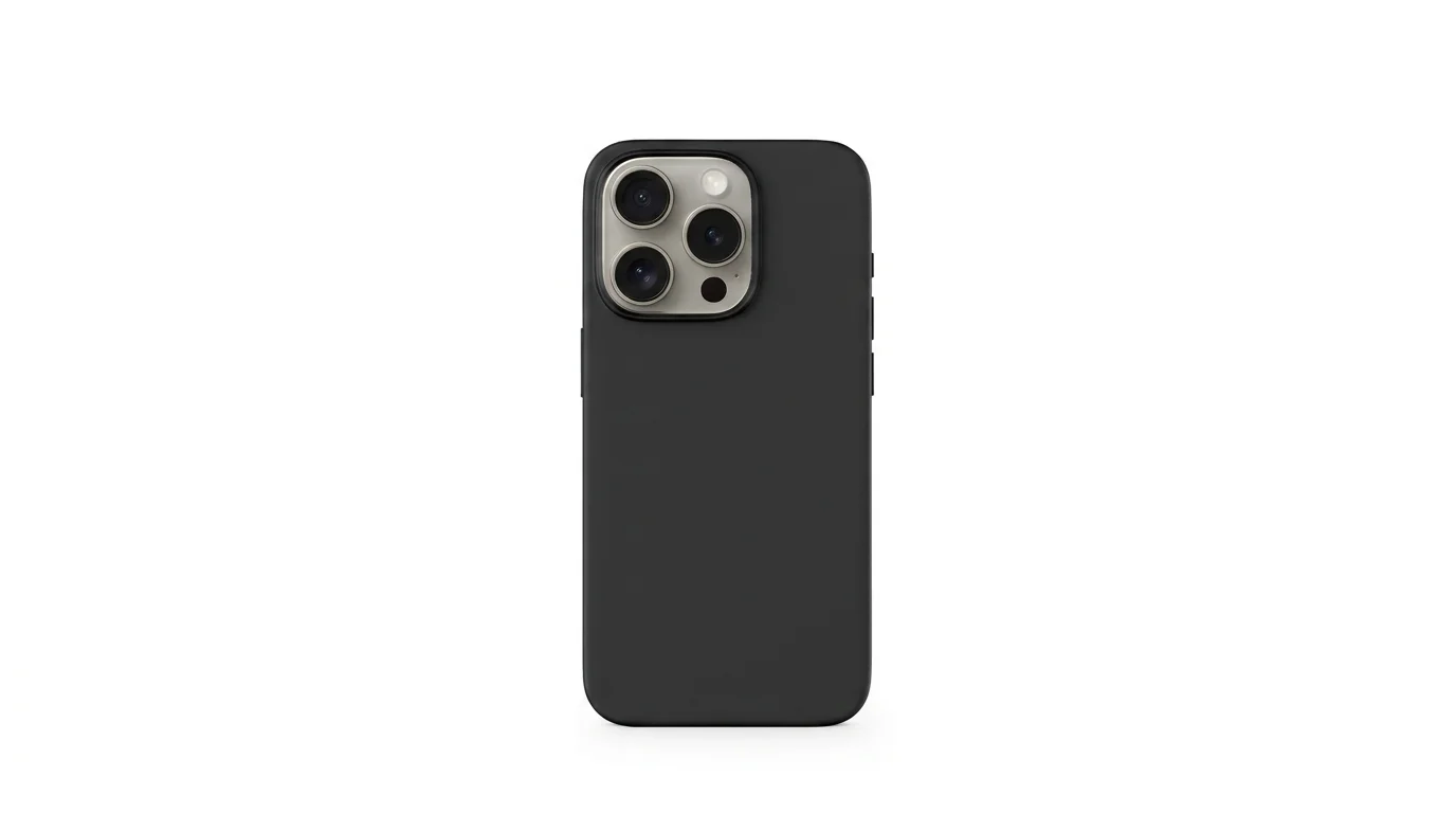 Černý silikonový kryt Epico Mag+ na zadní straně telefonu iPhone 15 Pro s výřezem pro fotoaparáty.