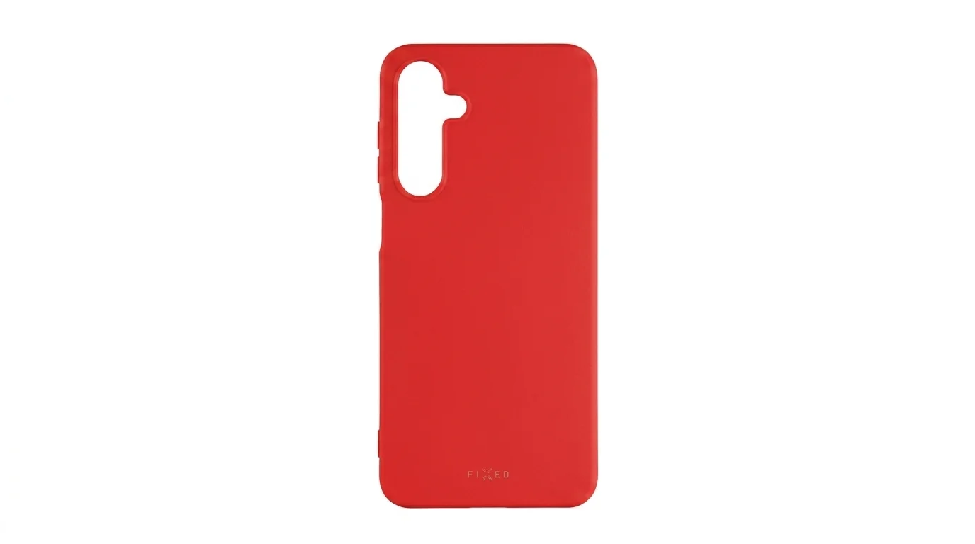 Červený zadní kryt FIXED Story pro Samsung Galaxy A16 s výřezem pro fotoaparát a logem FIXED ve spodní části.