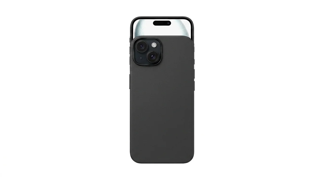 Černý kožený kryt Epico MagLeather pro iPhone 15 Plus s částečně vysunutým telefonem.