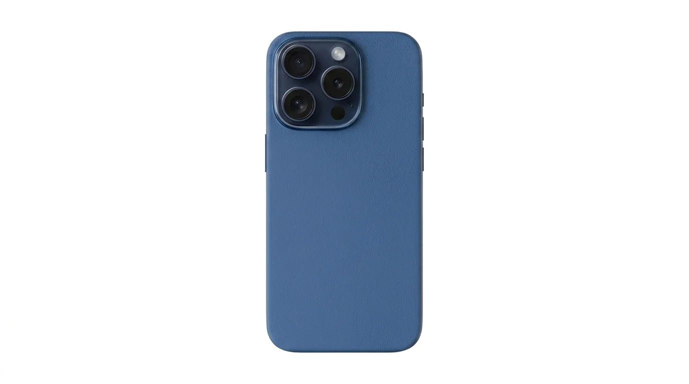 Modrý kožený kryt Epico Mag+ pro iPhone 16 Pro s hliníkovým rámečkem kolem fotoaparátu.