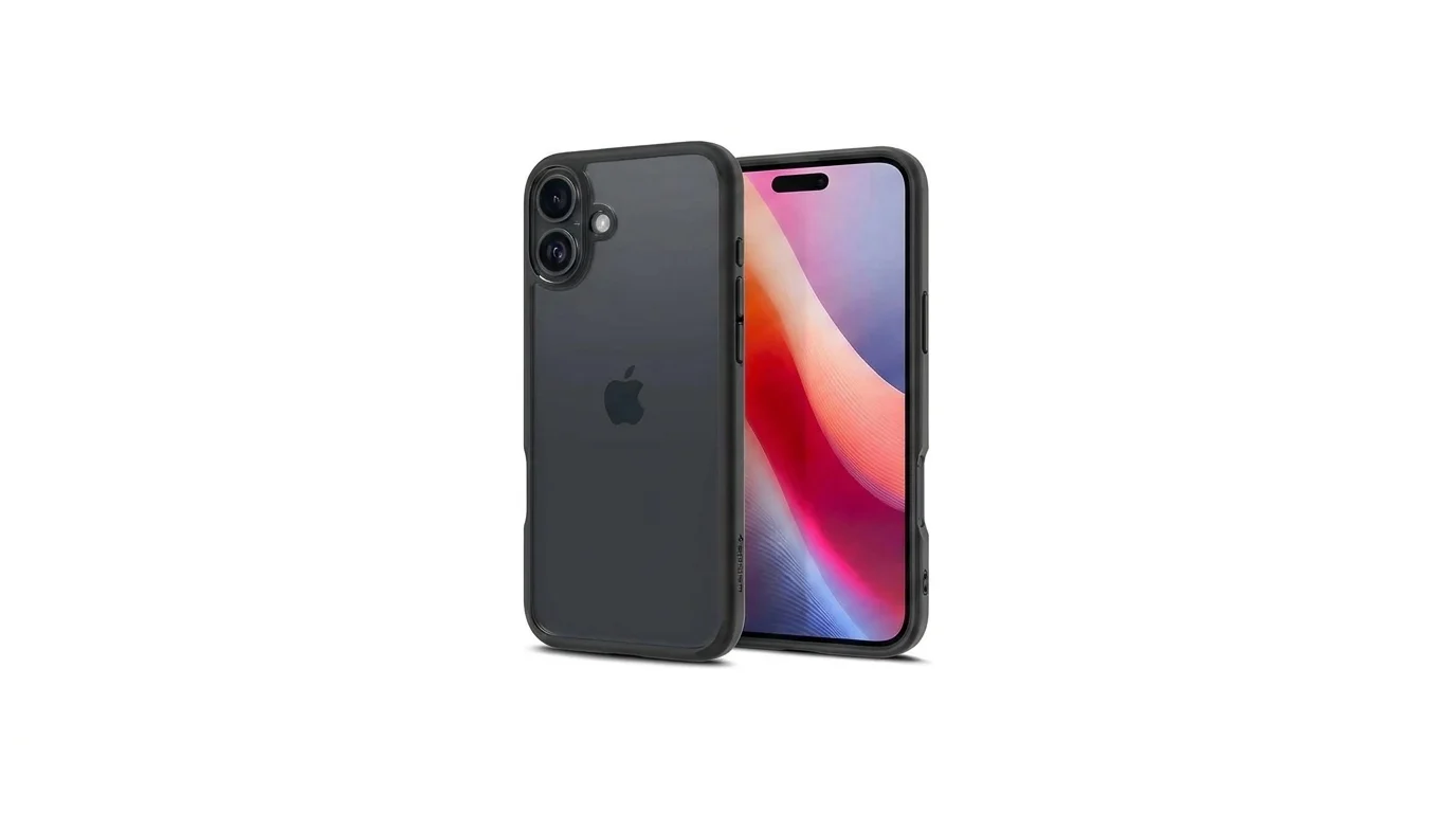 Černý ochranný kryt Spigen Ultra Hybrid na telefonu iPhone 16 z přední i zadní strany.