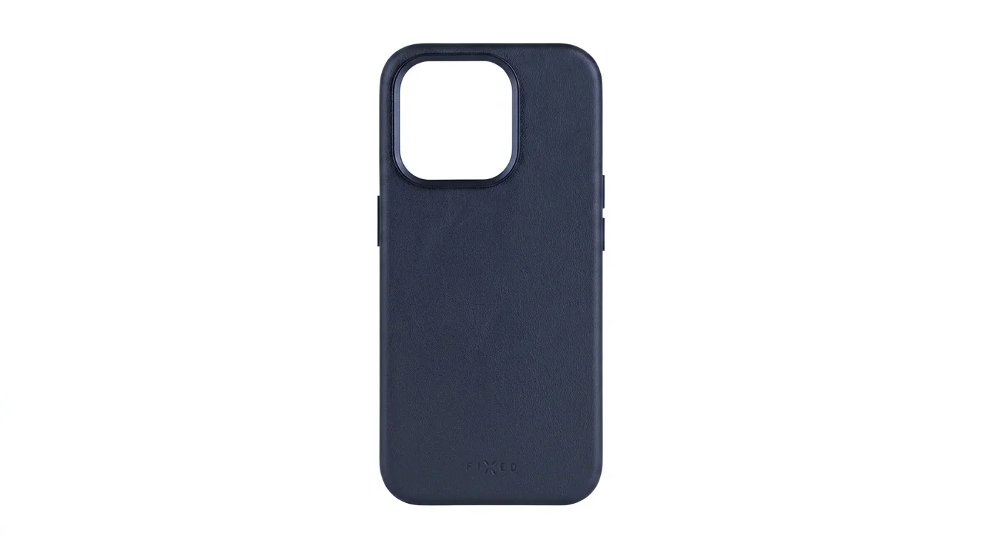 Tmavě modrý kožený zadní kryt FIXED pro iPhone s výřezem pro fotoaparát a vyraženým logem značky.