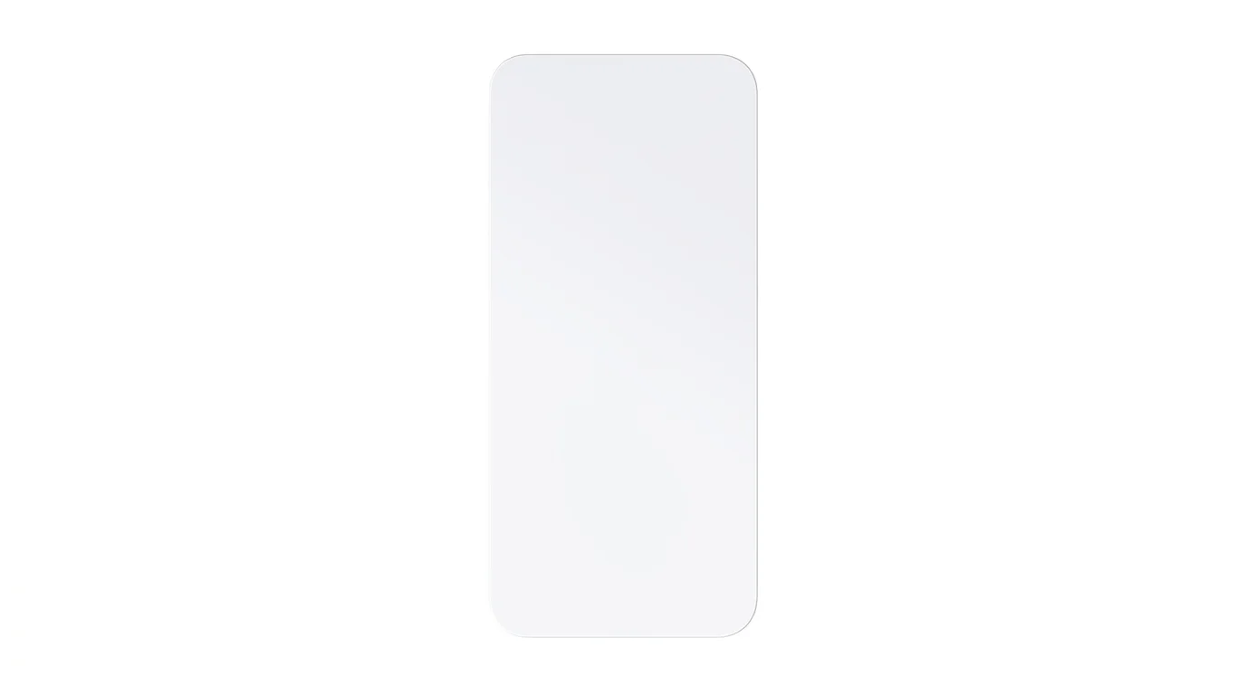 Čiré ochranné sklo FIXED pro iPhone 16 Plus se zaoblenými rohy na bílém pozadí.