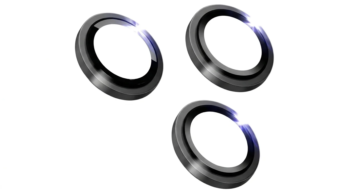 Tři ochranná sklíčka FIXED Sapphire Glass s černým rámečkem pro objektivy fotoaparátu iPhone 15 Pro a Pro Max.