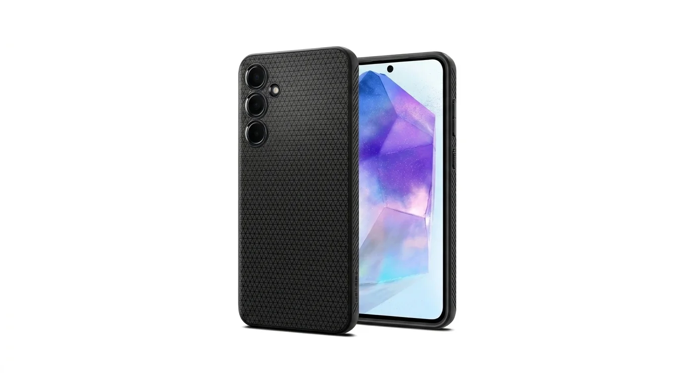 Černý kryt Spigen Liquid Air s geometrickou texturou zobrazený na telefonu z přední i zadní strany.
