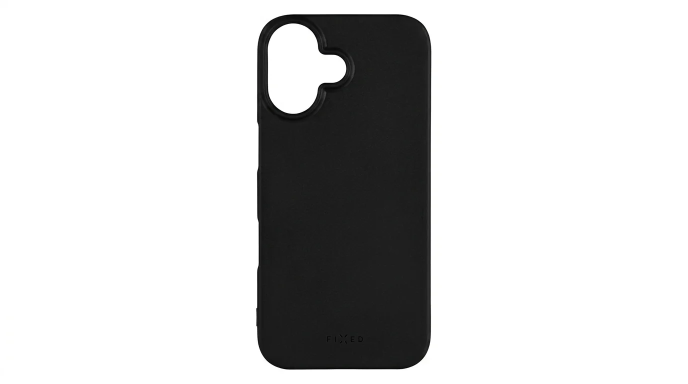 Černý zadní kryt FIXED Story pro iPhone 16 s matným povrchem, výřezem pro fotoaparát a logem značky ve spodní části.