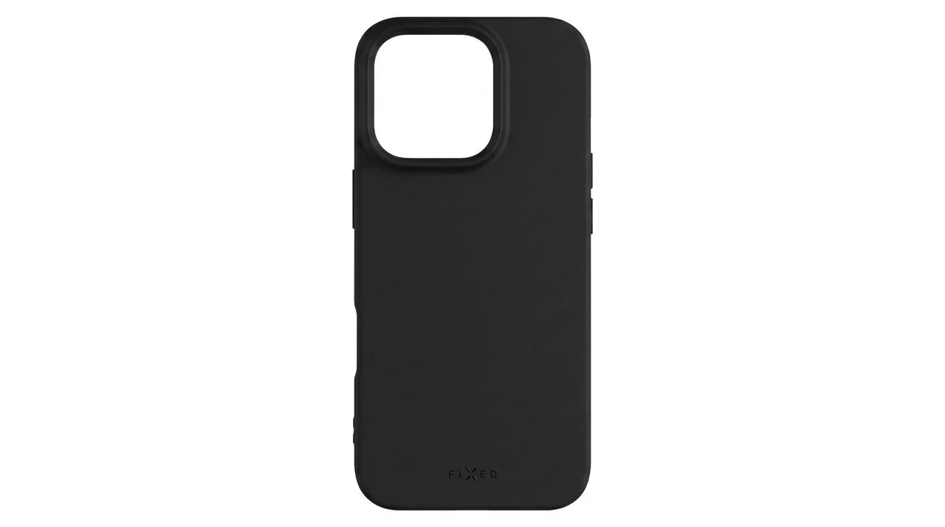 Zadní strana černého ochranného krytu FIXED Story pro iPhone 16 Pro s výřezem na fotoaparát a logem FIXED.