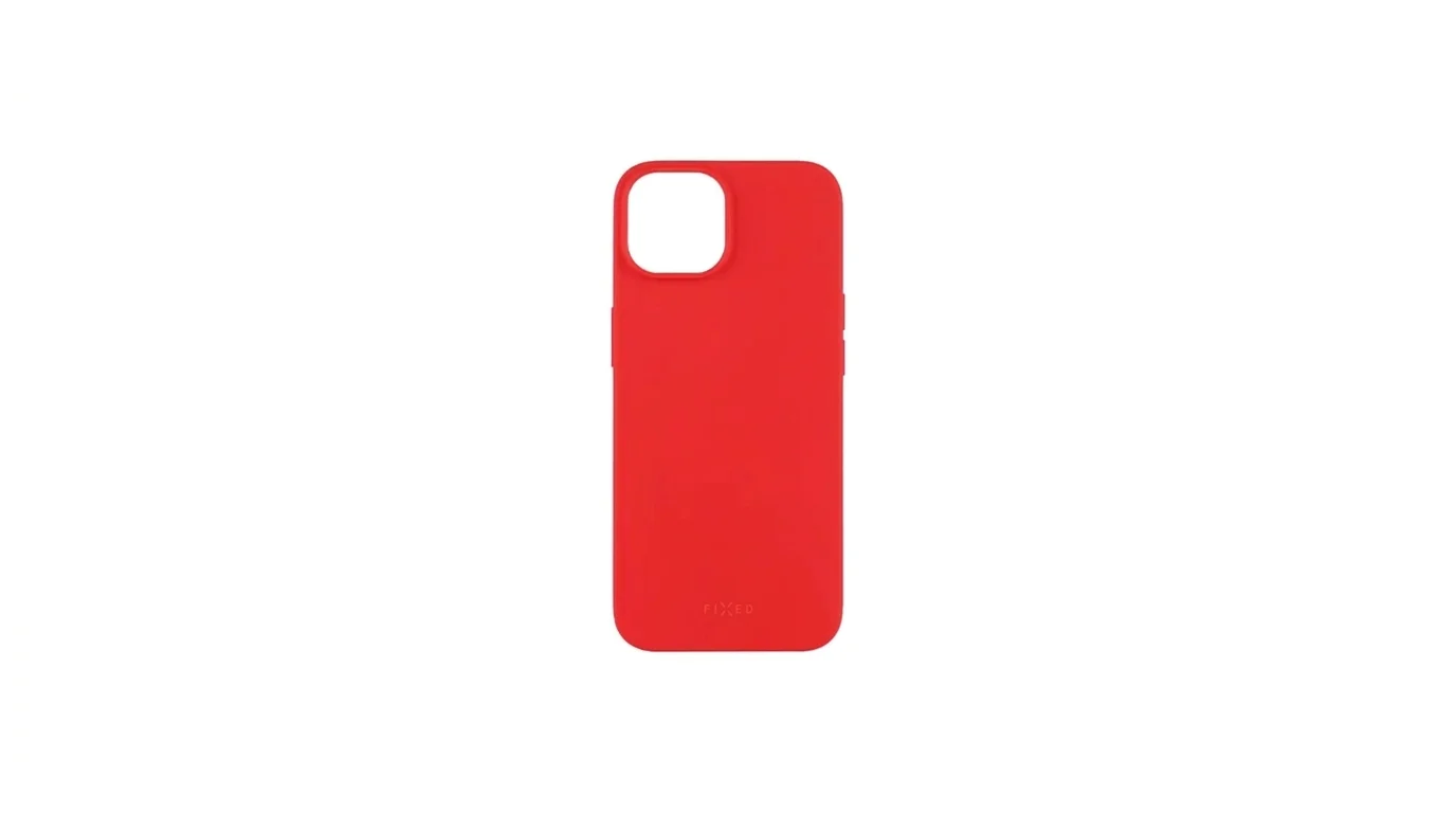 Červený zadní kryt FIXED Story pro iPhone 14 s výřezem pro fotoaparát a logem FIXED ve spodní části.