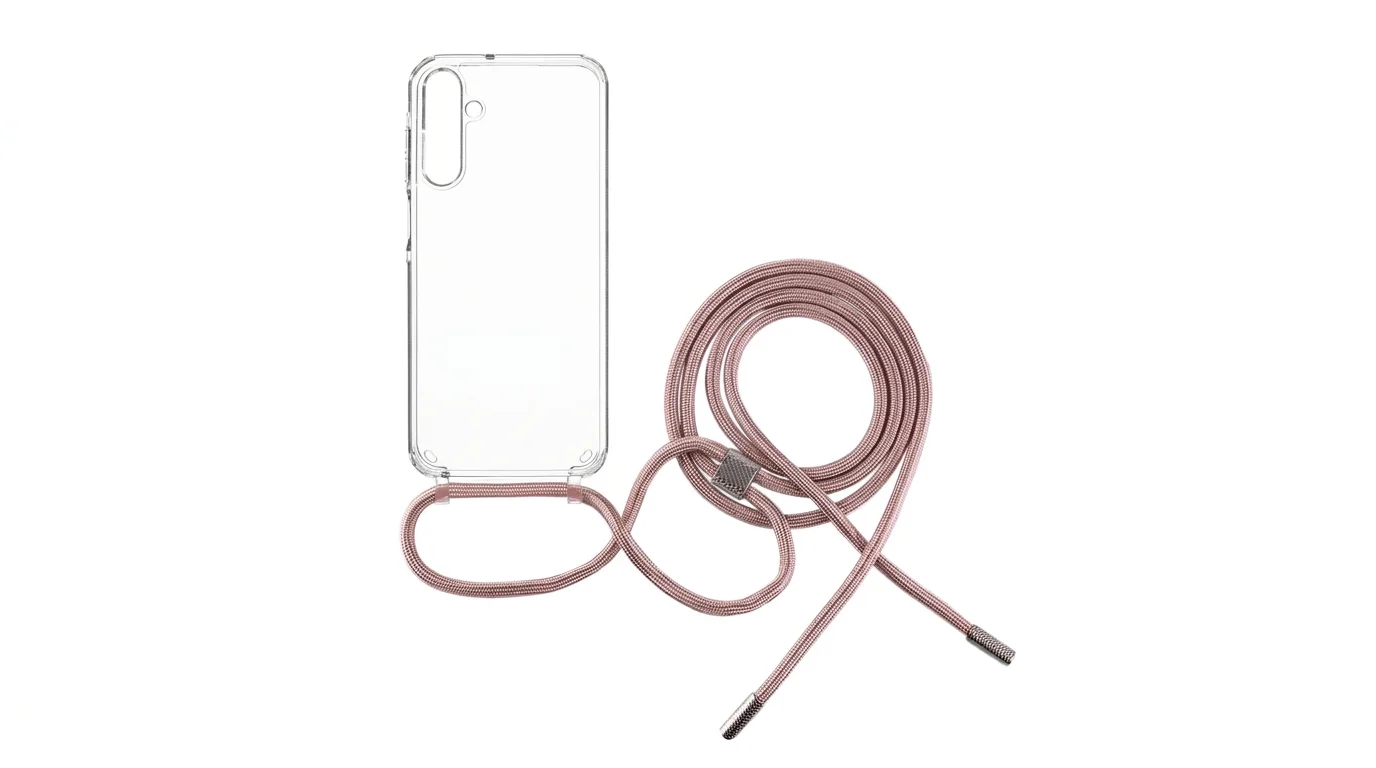 Průhledné pouzdro FIXED Pure Neck pro Samsung Galaxy A15/A15 5G s růžovou šňůrkou na krk.