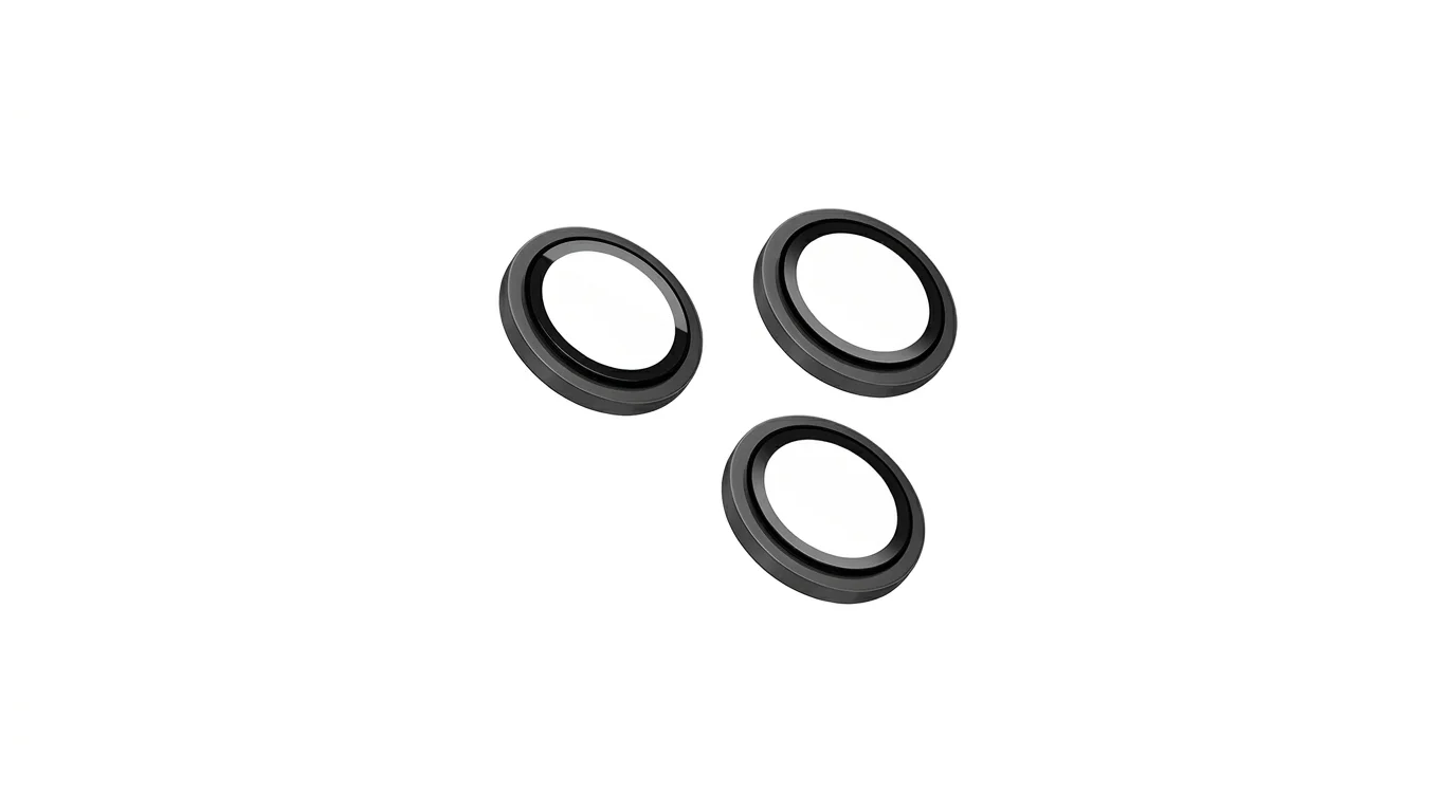 Sada tří ochranných skel FIXED Cam Glass pro čočky fotoaparátu s šedým hliníkovým rámečkem.