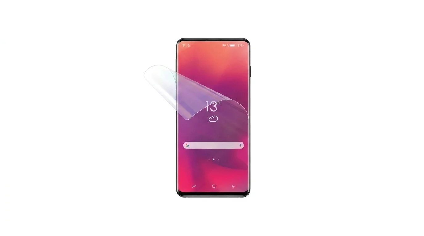Průhledná ochranná fólie FIXED zobrazená při aplikaci na rozsvícený displej chytrého telefonu.