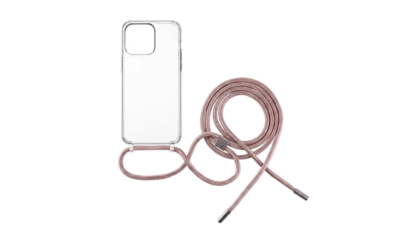 Průhledný kryt FIXED Pure Neck pro iPhone 15 Pro Max s připojenou růžovou nastavitelnou šňůrkou na krk.
