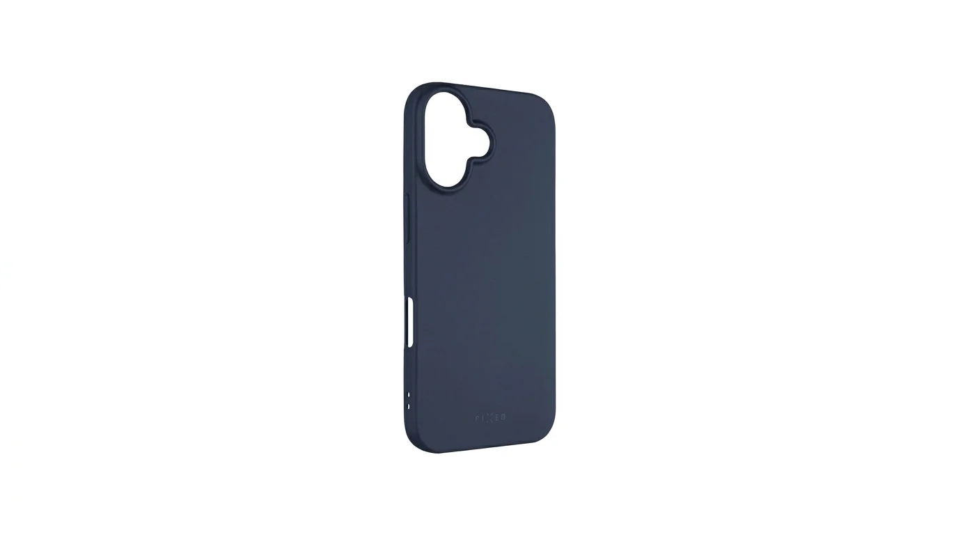 Tmavě modrý zadní kryt na mobil FIXED Story pro iPhone 16 s matným povrchem a výřezem pro fotoaparát.