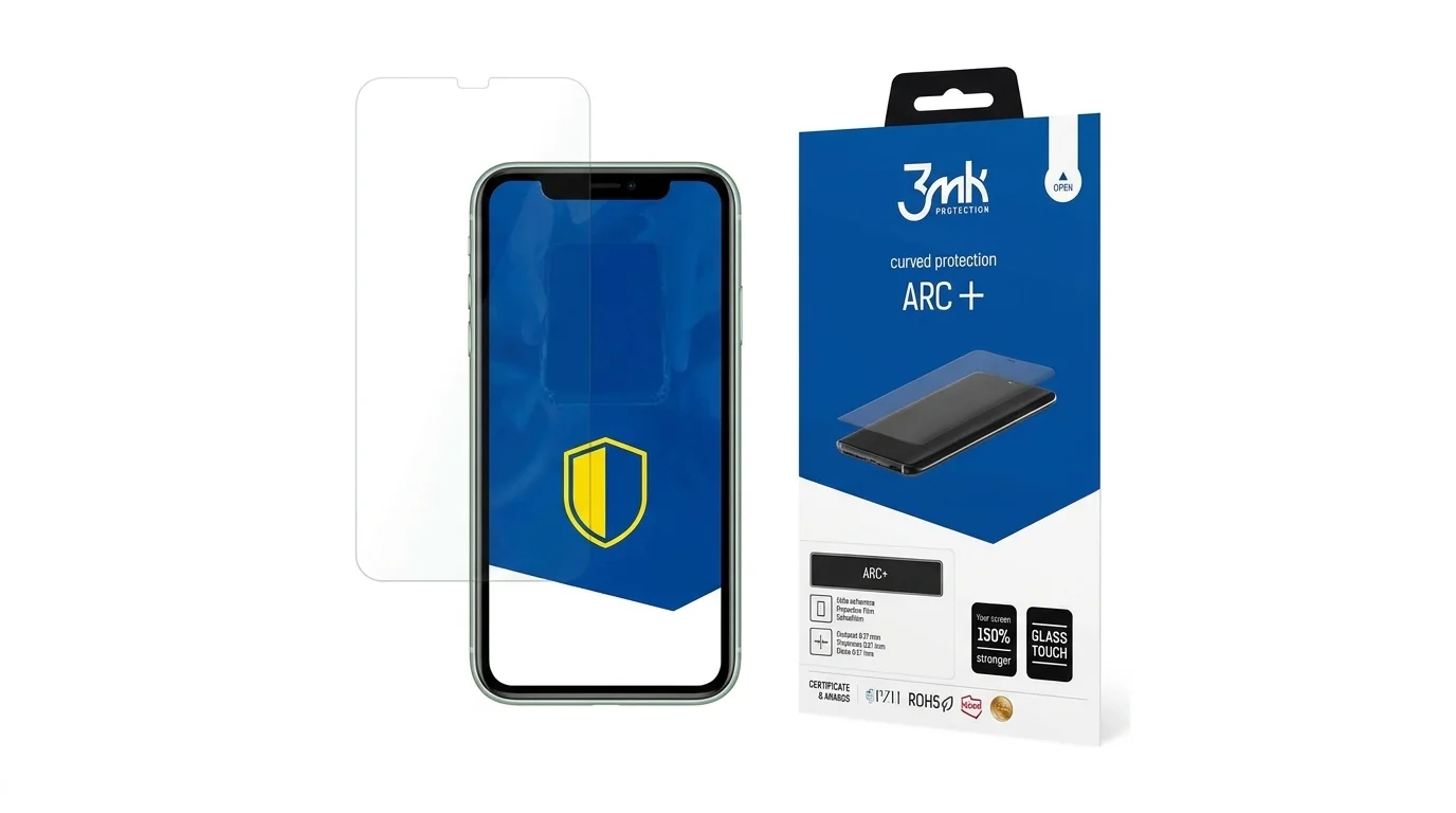 Ochranná fólie 3mk ARC+ zobrazená vedle smartphonu a originálního prodejního balení.