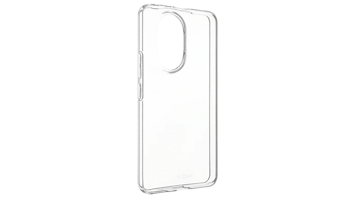 Čirý ochranný kryt FIXED TPU pro Honor 200 5G zobrazený z poloprofilu s oválným výřezem pro fotoaparát.