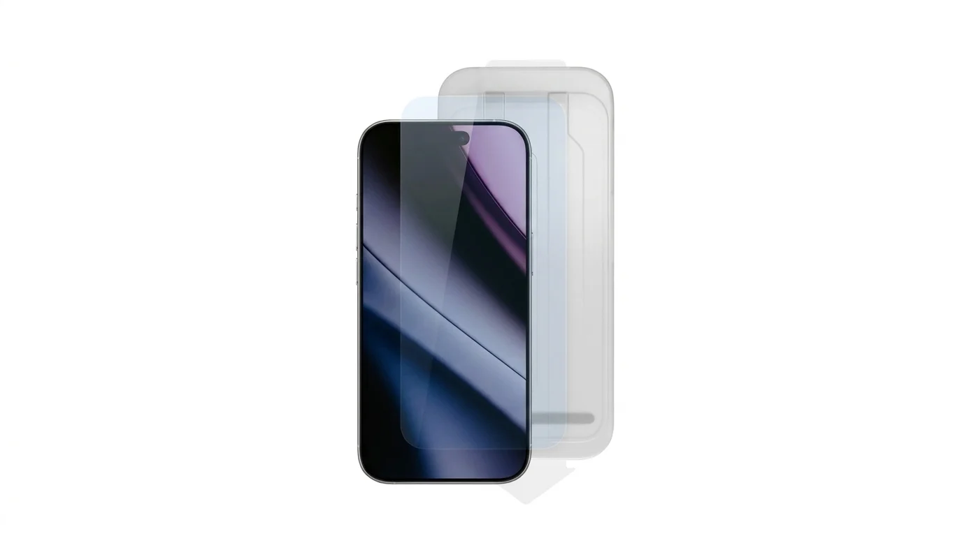 Ochranné sklo Epico zobrazené s chytrým telefonem iPhone a průhledným aplikačním rámečkem.
