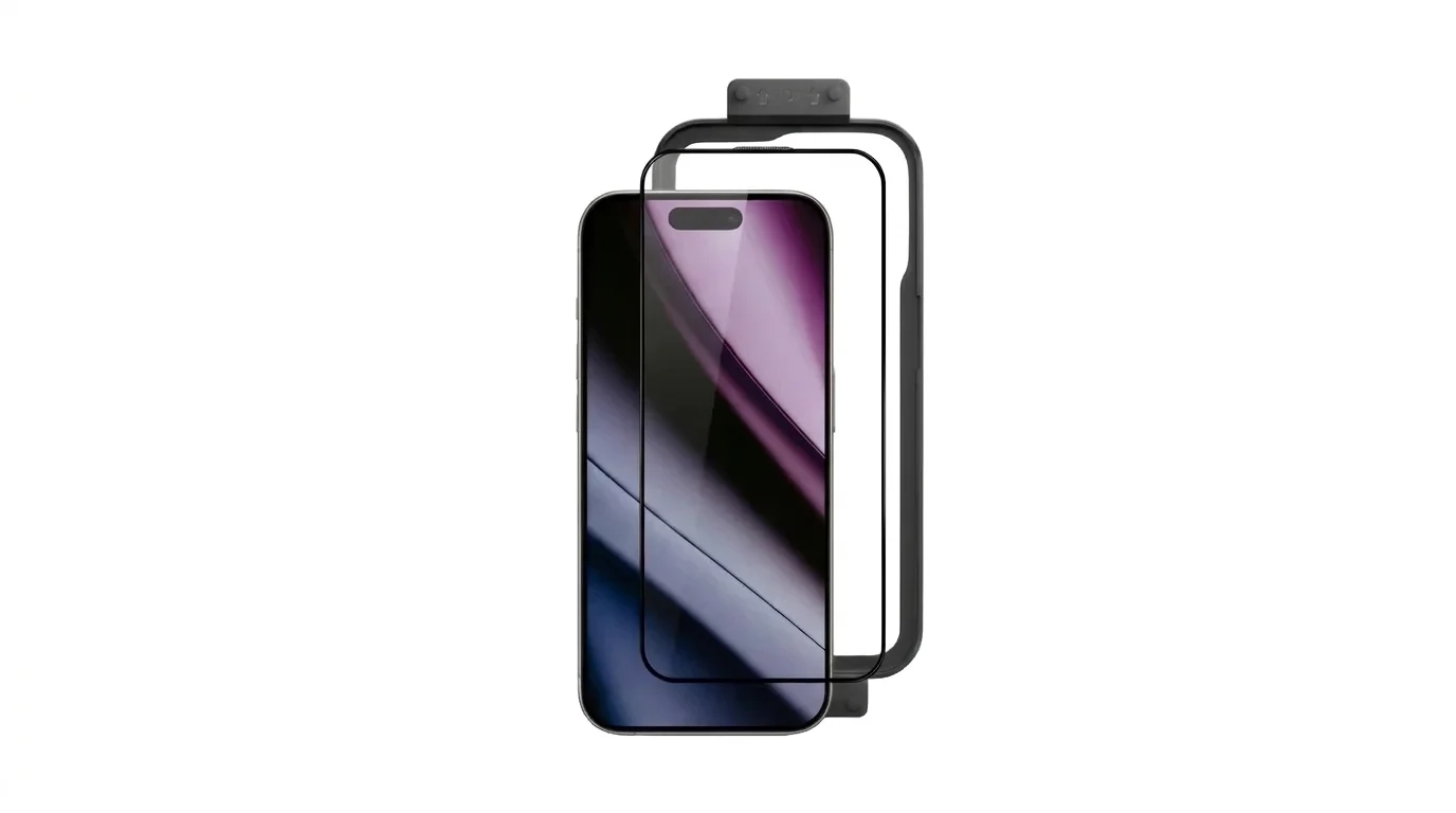 Ochranné sklo Epico Hero 3D Glass a instalační rámeček před displejem telefonu iPhone 16 Pro.