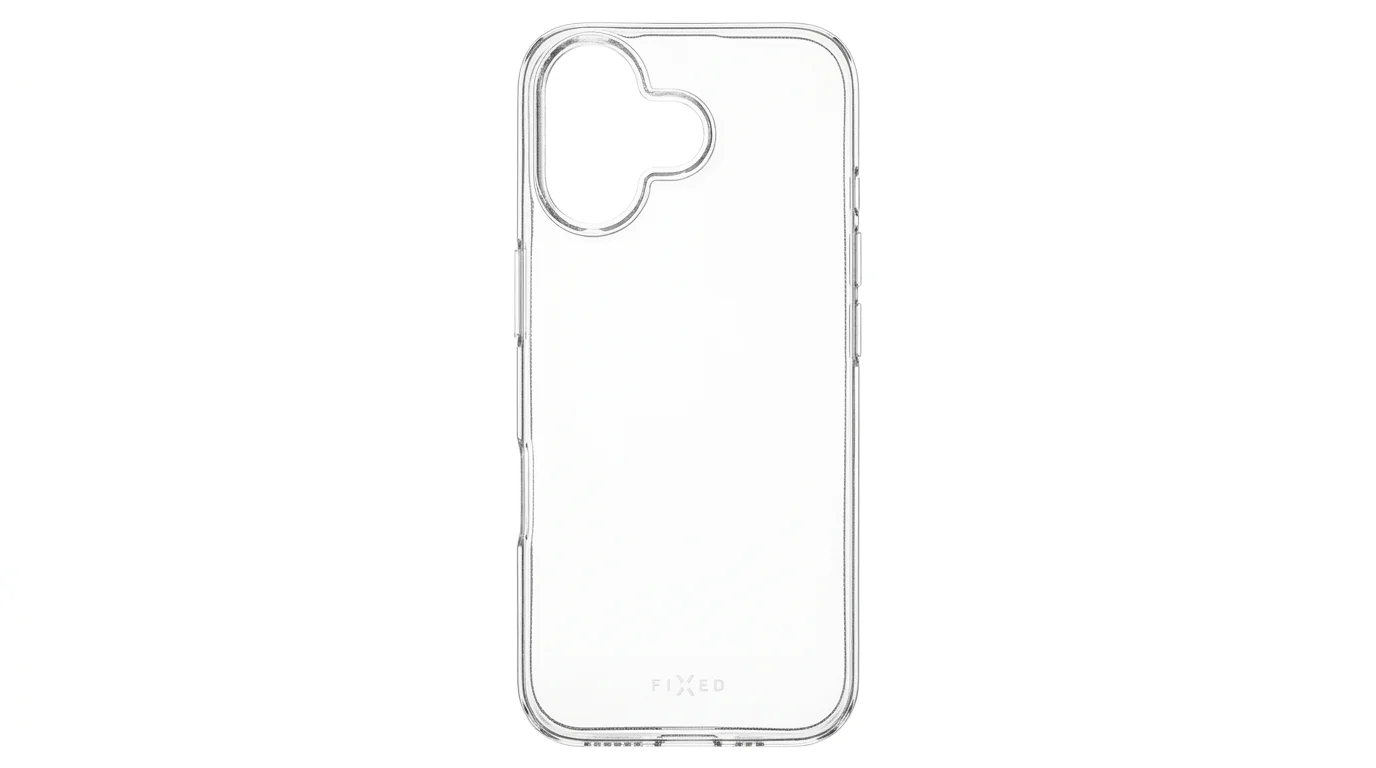 Průhledný kryt FIXED TPU pro iPhone 16 s výřezem pro fotoaparát a logem FIXED ve spodní části.