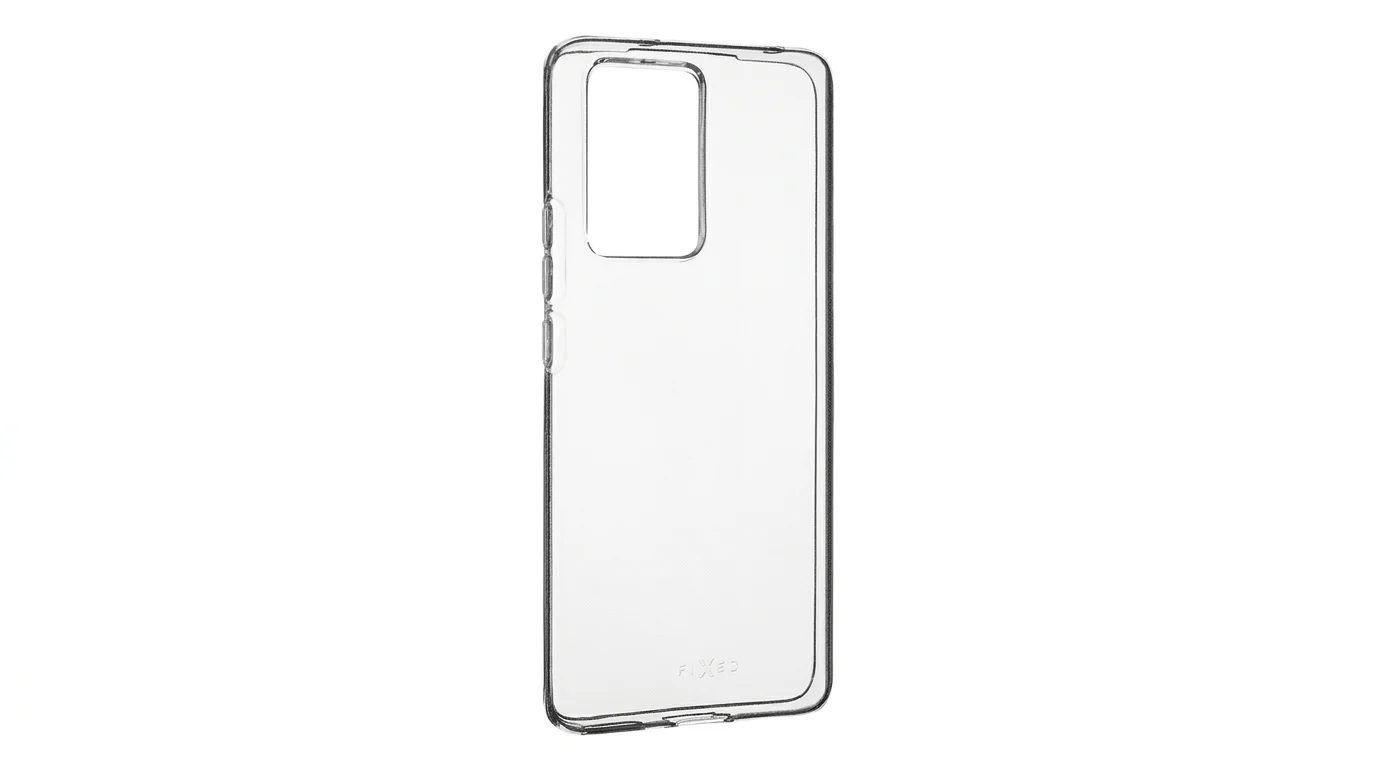 Průhledné TPU pouzdro FIXED pro Xiaomi 13 Lite s přesným výřezem pro fotoaparát na bílém pozadí.